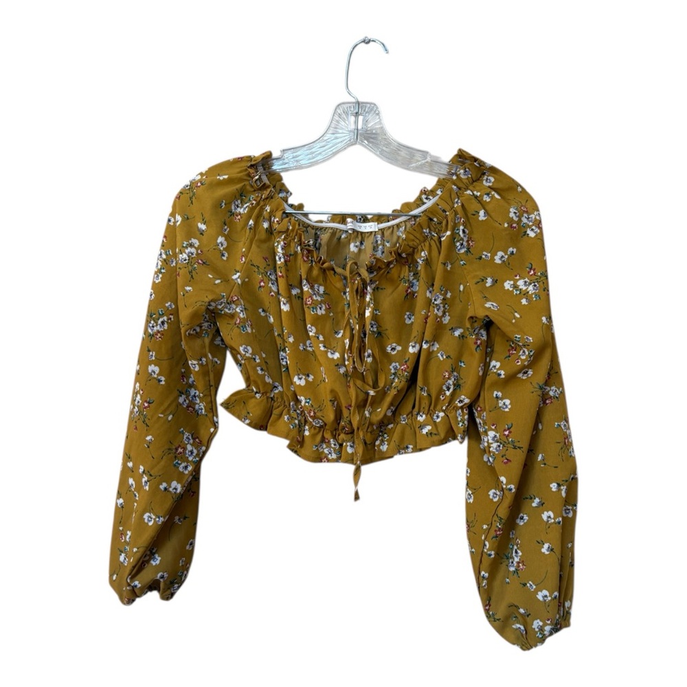 Floral Mustard Yellow Cropped Peasant Top Long Sleeve Cottagecore M Romwe - Picture 2 of 7
